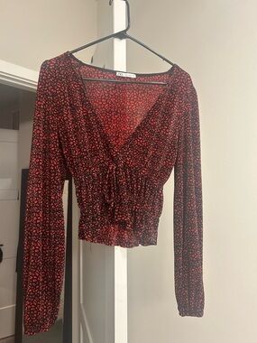 Zara Black and Red Floral Tie-Front Blouse
